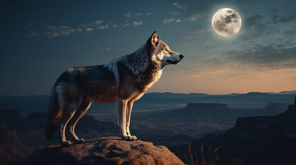 wolf howling at the full moon in the night forest.generative ai