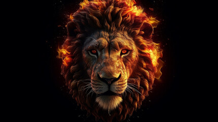 Lion in the fire on a black background. generative ai