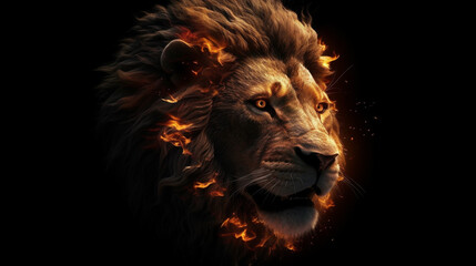 Naklejka premium Lion in the fire on a black background. generative ai