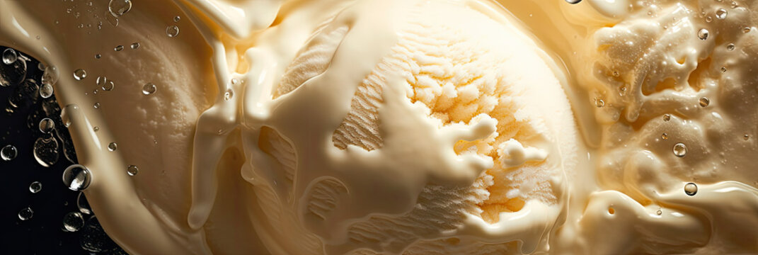 scoop of vanilla ice cream, close up shot, molten, water drop, panoramic, studio light, on black background, gastronomy photo, AI