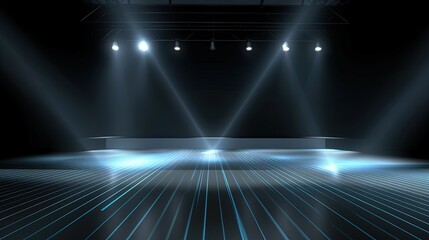 spotlights shine on stage floor in dark room, idea for background, backdrop, mock up, futuristic background, Generative Ai