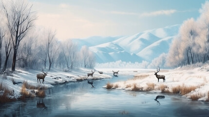 Foggy winter landscape with deer and lake.generative ai