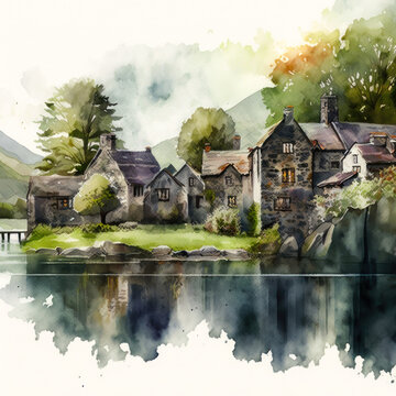 Watercolor illustration of an old Scotland  village on the banks of a lake. Ai generative