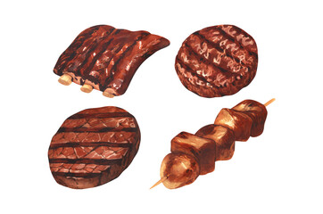Watercolor bbq grilled steak beef, steak, ribs, beefsteak and chicken kebab. Hand-drawn illustration isolated on white background. Perfect for menu butchery food, meat product