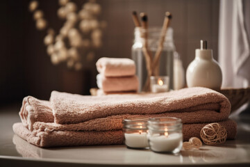 Fototapeta na wymiar Minimalist bathroom decor with stylish towels and chic candles on a wooden table, creating a serene ambiance. AI Generative