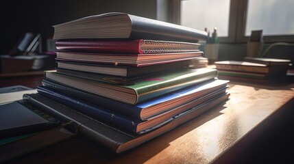 Obraz premium close up book stack on table, idea for creative and knowledge with strong will determine, Generative Ai