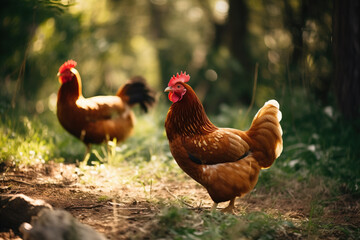 Domestic chickens in nature. Created using Generative AI technology.