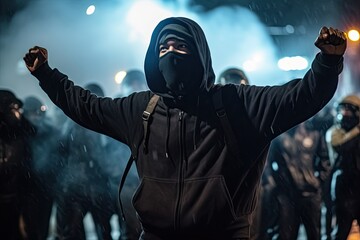 Black Protester in Hoodie and Mask Raising Fists for Social Justice. Generative AI.