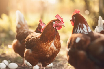 Domestic chickens in nature. Created using Generative AI technology.