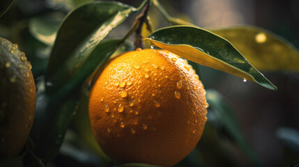 centered oranges with leaves, panoramic banner, first light of day, nature background, close up shot, water drop, AI