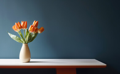 Table with red tulips in ceramic vase against blue wall. Interior background with copy space. Created with generative AI