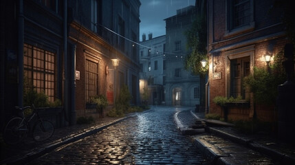 Fototapeta na wymiar Old street in the old town at night.generative ai