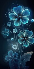 Delicate Blue Blossoms with Dew Drops: Serene and Refreshing Floral Beauty. Generative AI.