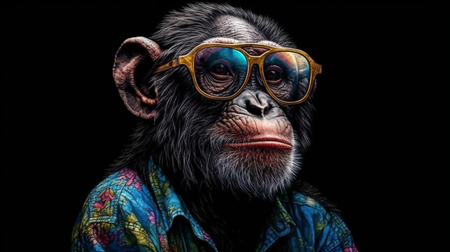 Chimpanzee monkey wearing sunglasses .generative ai