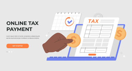 Online tax payment concept. Financial research report and calculation of tax return. Payment of debt. Landing page template. Vector illustration, isolated on light background, flat cartoon style