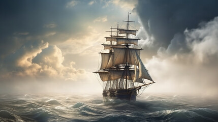 Sailing ship in the sea at sunset.generative ai