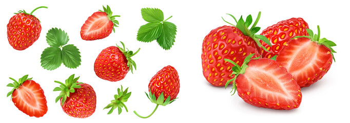 Strawberries decorated with green leaves isolated on white background. Top view. Flat lay pattern