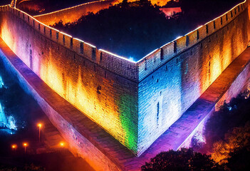 Vista nocturna de Muralla con alumbrado LED RGB con tecnología de IA generativa