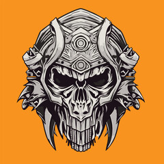 Fototapeta premium Skull in the helmet of the knight. Vector illustration on orange background