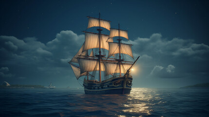 Fototapeta premium Sailing ship in the sea at full moon night.generative ai