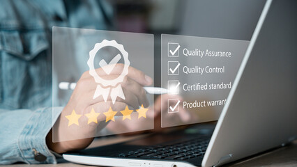 Businessman showing a validation icon, Quality management and validation process. Quality Assurance (QA), Quality Control (QC), certification concept. Compliance to regulations and standards. - obrazy, fototapety, plakaty