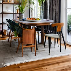 Fototapeta na wymiar 9 An eclectic, bohemian-inspired dining room with a mix of upholstered and wooden chairs, a mix of antique and modern furniture, and a mix of colorful and natural textures1, Generative AI