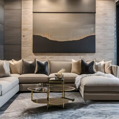 15 A transitional-style living room with a mix of neutral and metallic finishes, a large sectional sofa, and a mix of patterned and solid throw pillows2, Generative AI
