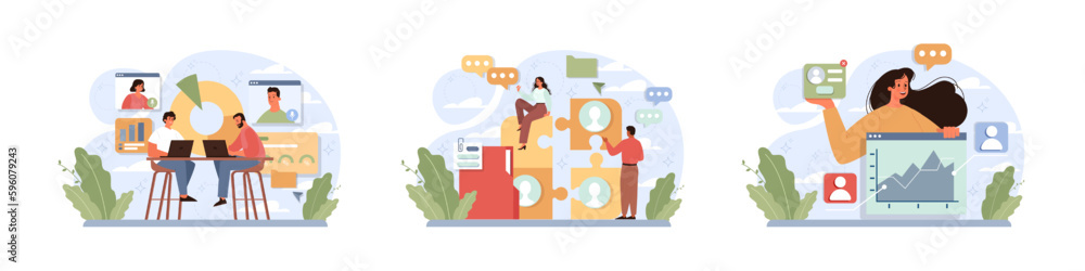 Poster employee performance management set. performance indicators and reports