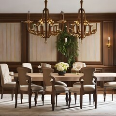4 A traditional-style dining room with a mix of upholstered and wooden chairs, a classic wooden table, and a large, formal chandelier4, Generative AI