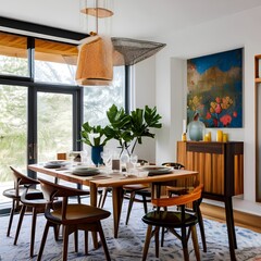 9 An eclectic, bohemian-inspired dining room with a mix of upholstered and wooden chairs, a mix of antique and modern furniture, and a mix of colorful and natural textures5, Generative AI