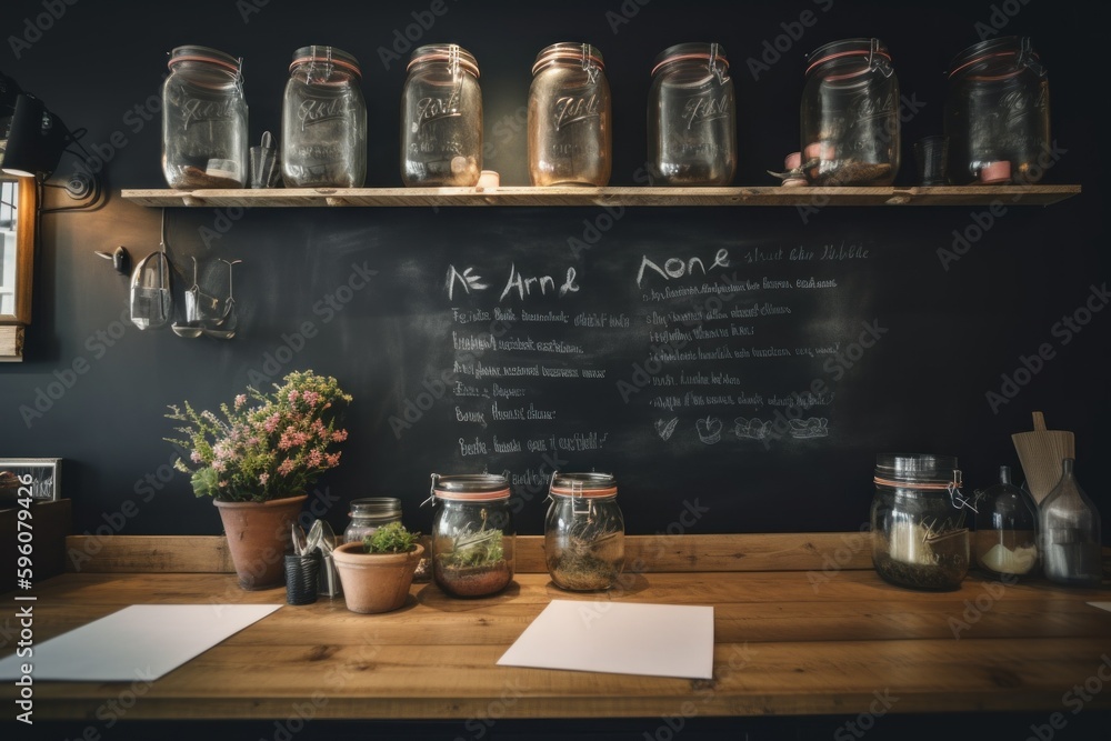 Poster a chalk board with jars on top of it. ai generative image.