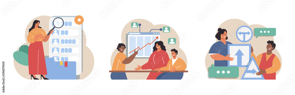 Poster employee performance management set. performance indicators and reports