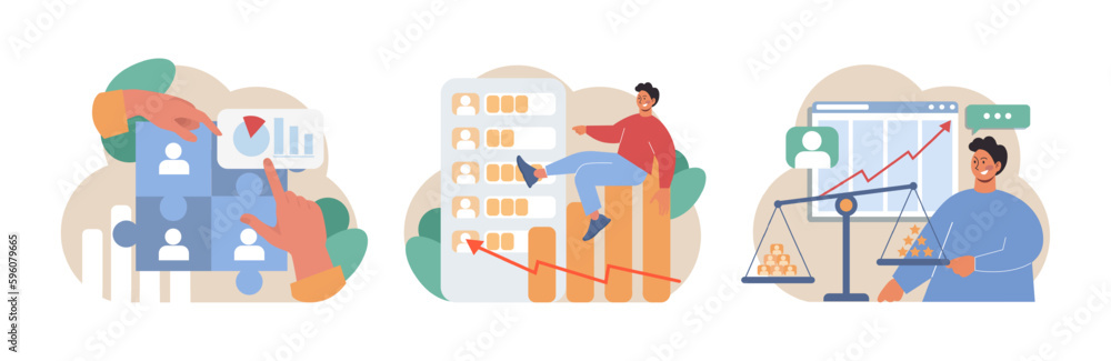 Poster employee performance management set. performance indicators and reports