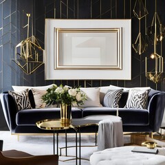 8 A luxurious, art-deco inspired living room with a mix of velvet and metallic finishes, a statement chandelier, and a large, abstract painting1, Generative AI