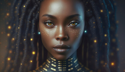 Beautiful afro girl, portrait of an alien brunette in a space outfit. Woman in cyberspace. Created with AI.