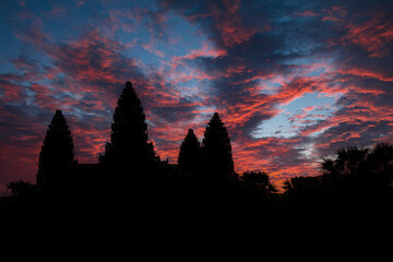 Silhouette of Angkor Wat with a stunning sunset sky in Siem Reap, Cambodia