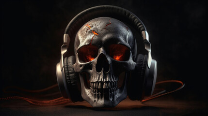 Human skull listening to music with headphones on black background.generative ai