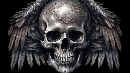 Gothic skull with wings on black background, generative ai