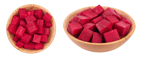 beetroot diced in wooden bowl isolated on white background with full depth of field. Top view. Flat lay