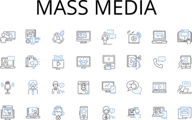 Mass media line icons collection. Social media, Print media, Digital media, Visual media, Broadcast media, News media, Entertainment media vector and linear illustration. Information media,Public