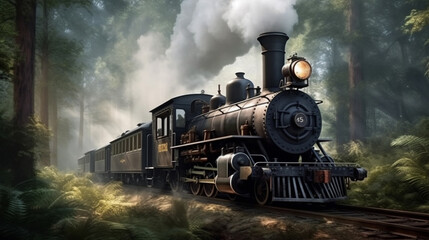 Fototapeta premium Steam locomotive in the forest. generative ai