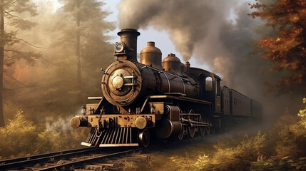 Fototapeta na wymiar Steam locomotive in the forest. generative ai