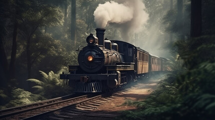 Fototapeta na wymiar Steam locomotive in the forest. generative ai