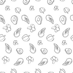 Fototapeta na wymiar Seamless pattern with black contour on a white background from avocado, pepper, broccoli and lettuce. Healthy food background. Organic, fresh, delicious vegetables. Flat vector illustration.