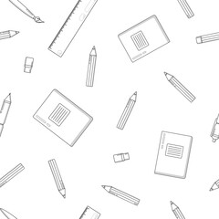 School supplies seamless pattern with line icons. Educational tools on a white background with a black outline - pencil, pen, ruler, colored pencils, notepad, vector illustration. Black and white wall
