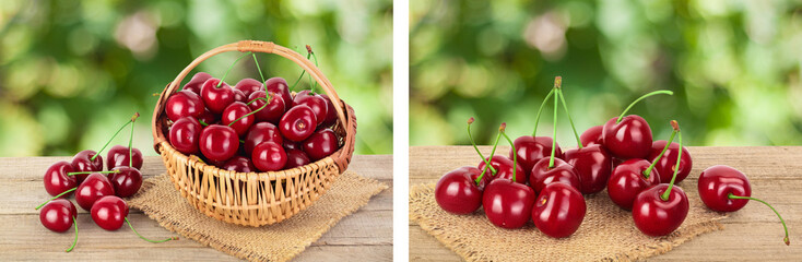 red sweet cherry in a wicker basket on wooden table isolated on white background with full depth of field