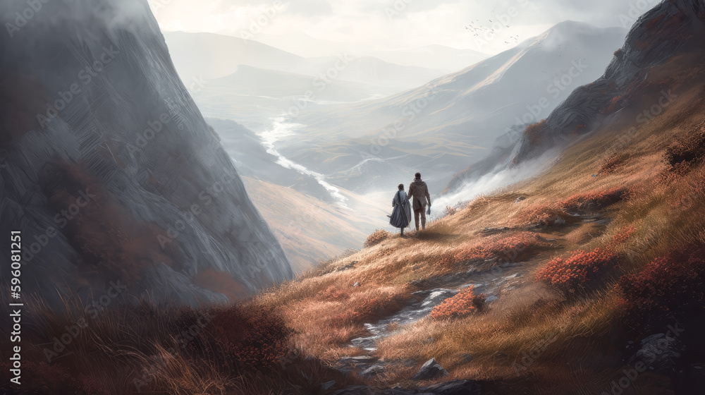 Poster an artistic render of two people walking away was created - generative ai.