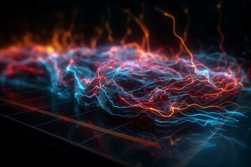 Electric current flowing in neon lines across a dark digital canvas. Generative AI