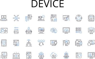 Device line icons collection. Apparatus, Appliance, Gadget, Equipment, Instrument, Tool, Machine vector and linear illustration. Contraption,Mechanism,Implement outline signs set
