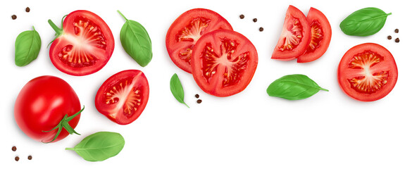 Tomato slices with basil isolated on white background. FTop view with copy space for your text. Flat lay